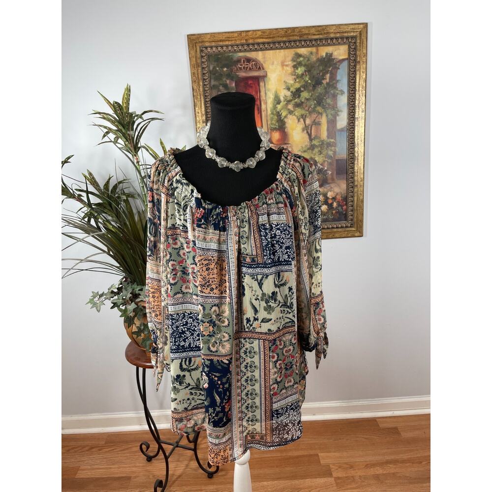 Westport Blouse Women's 1X Multi Patchwork Scoop Neck Peasant Core Maximalist‎